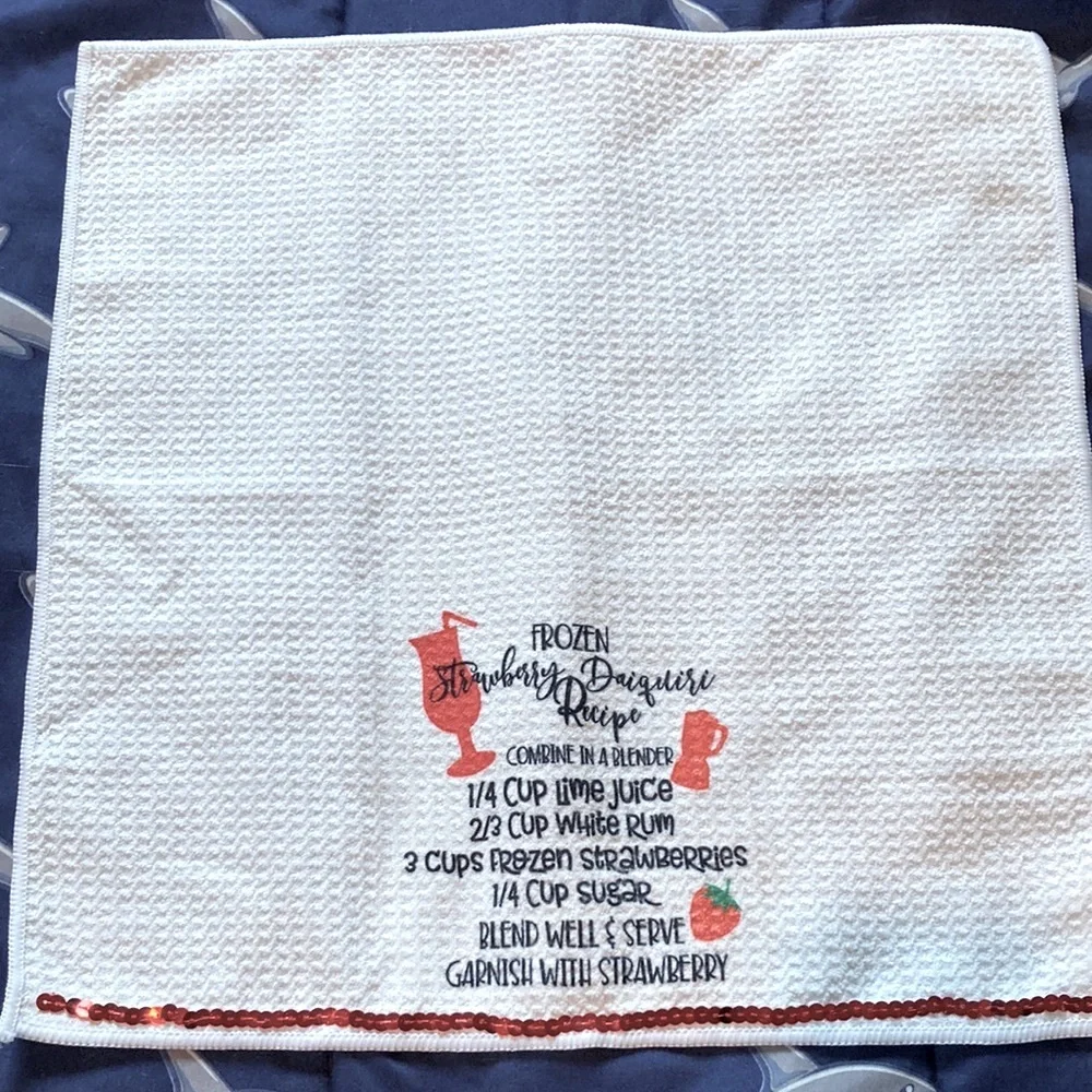 Strawberry Daiquiri Recipe Bar Waffle Towel – Red Bling Embellished 15.5 x 16 in